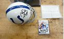 Picture of PEYTON MANNING AUTOGRAPHED MINI HELMET AND SIGNED FOOTBALL CARD; COA; CASE. MINT CONDITION. COLLECTIBLE.