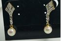 Picture of 14KT YELLOW GOLD DROP PEARL (2 PEARLS 6.75MM EACH) EARRINGS  ( 1 INCH LONG ) 3.4GR WITH 30 ROUND DIAMONDS 0.33PTS. GOOD CONDITION. 851617-1.