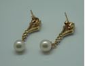 Picture of 14KT YELLOW GOLD DROP PEARL (2 PEARLS 6.75MM EACH) EARRINGS  ( 1 INCH LONG ) 3.4GR WITH 30 ROUND DIAMONDS 0.33PTS. GOOD CONDITION. 851617-1.