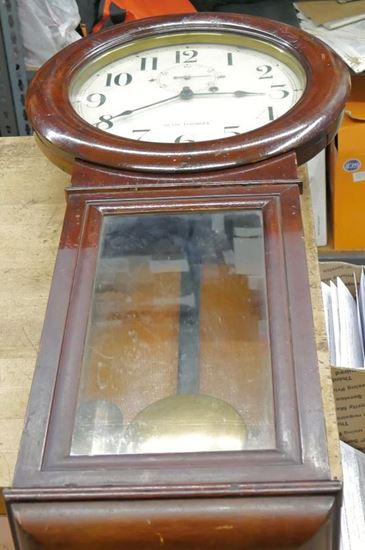 Picture of SETH THOMAS WALL CLOCK VINTAGE FOR PARTS 33 INCHES LONG . PLEASE READ CAREFULLY FOR PARTS ONLY OR NOT WORKING. PLEASE LOOK AT ALL THE PICTURES I'M NOT SURE WHAT MODEL IS . BEING SOLD AS IS .