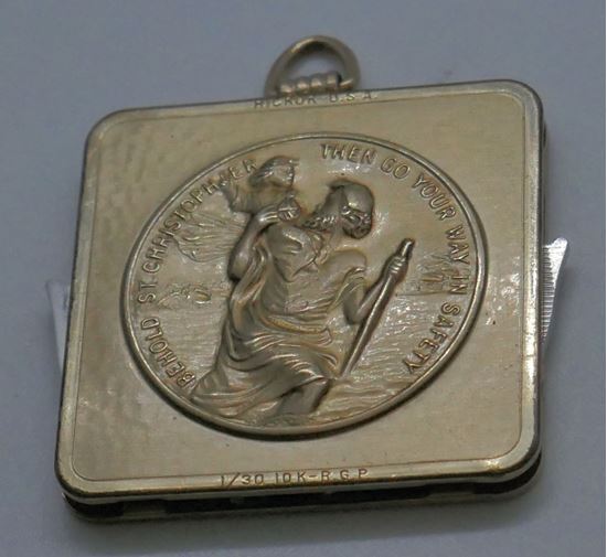 Picture of VINTAGE HICKOC U.S.A BEHOLD ST CHRISTOPHER PENDANT "THEN GO YOUR WAY IN SAFETY" WITH KNIFES 1/30 10KT R.G.P.  PRE OWNED. COLLECTIBLE. UNIQUE. 
